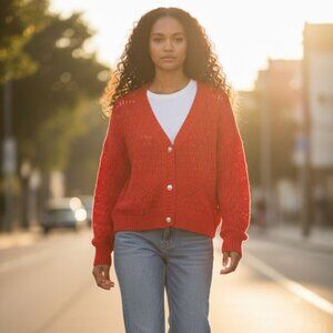 Hazel Moon Red Open Knit Pearl Button Up Sweater V-Neck Long Sleeve Women's Sz M